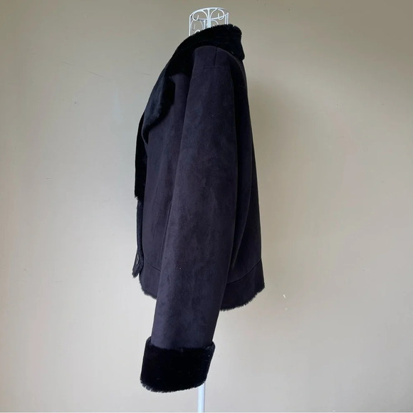 Ralph Lauren Label Black Plush Jacket faux Shearling Fur Coat Button Up size M - Picture 10 of 12